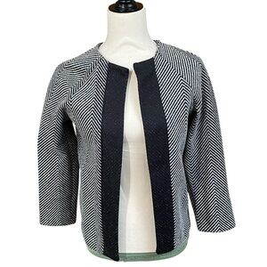 H&M Black White Chevron Knit Jacket Open Front 3/4 Sleeve Size 4 Monochrome